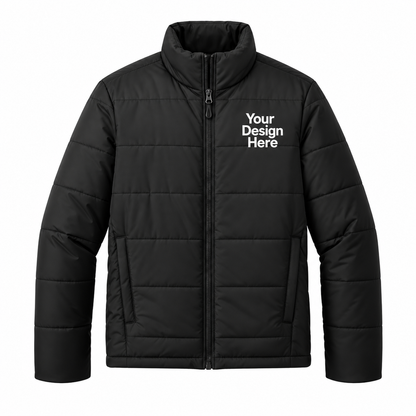 A black quilted puffer jacket with a stand-up collar, front zipper, and white placeholder text reading 'Your Design Here' on the left chest, shown on a plain white background.

