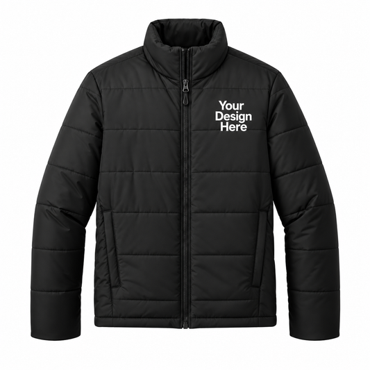 A black quilted puffer jacket with a stand-up collar, front zipper, and white placeholder text reading 'Your Design Here' on the left chest, shown on a plain white background.

