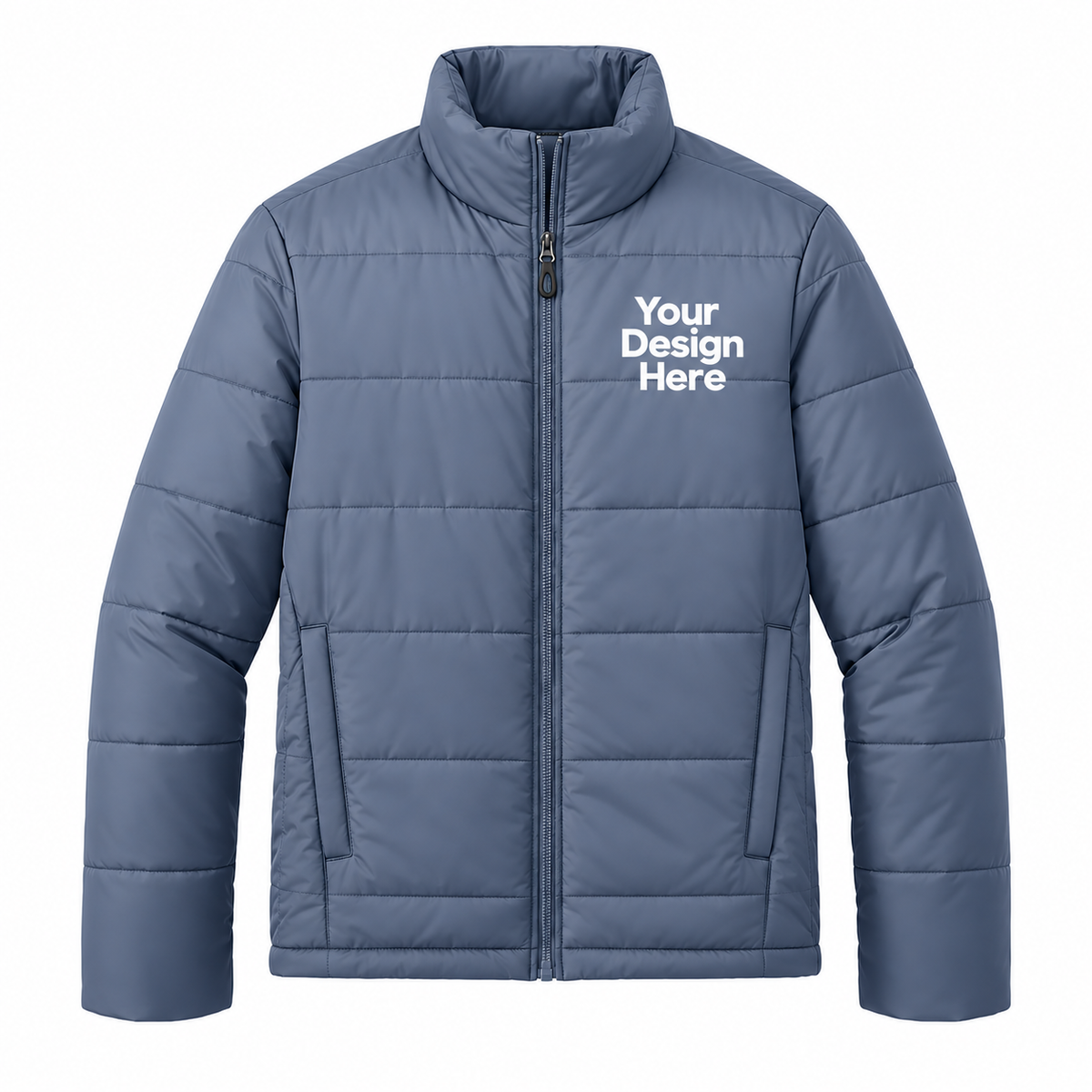 A slate blue puffer jacket with a mock neck, full zip, and horizontal quilted stitching. The left chest features a white placeholder print that reads 'Your Design Here'.

