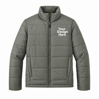 An olive green puffer jacket with a mock neck, full zipper, and a white placeholder text 'Your Design Here' printed on the left chest, shown on a plain white background.

