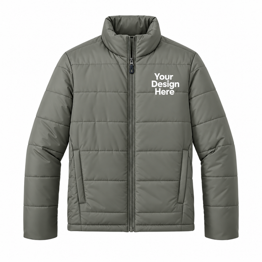 An olive green puffer jacket with a mock neck, full zipper, and a white placeholder text 'Your Design Here' printed on the left chest, shown on a plain white background.

