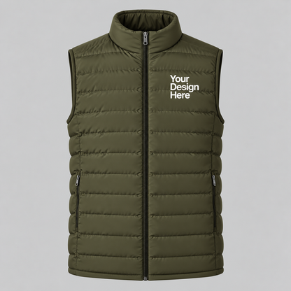 Olive green custom men's lightweight puffer vest with embroidered logo on front chest