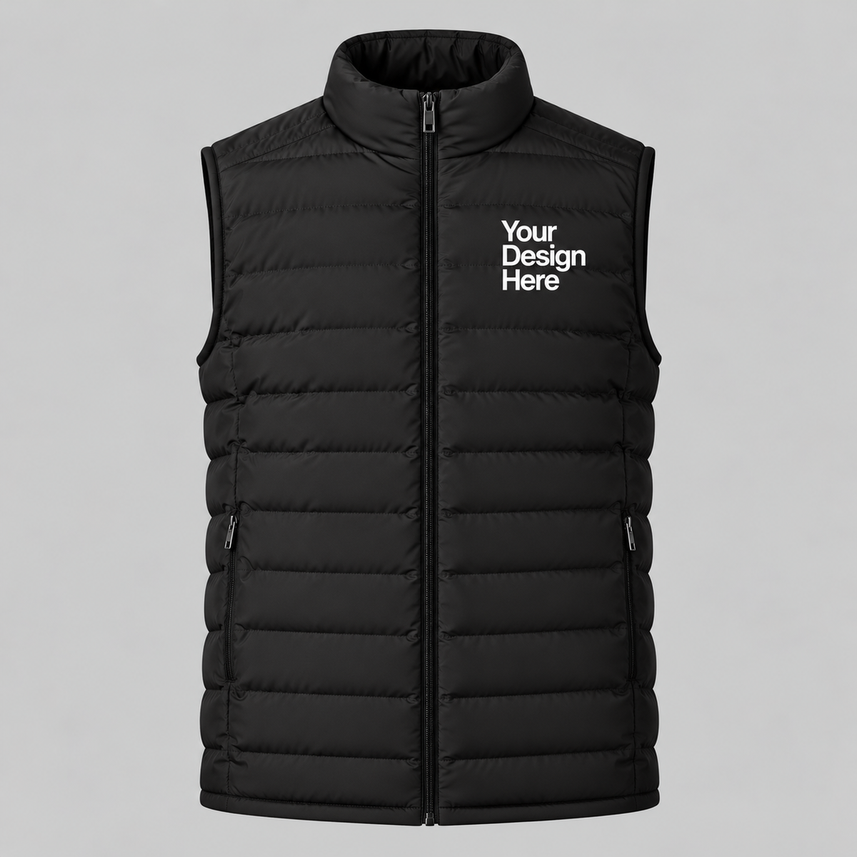 Charcoal black custom men's lightweight puffer vest with embroidered logo on front chest