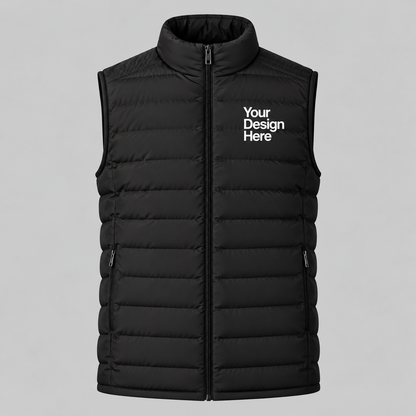 Charcoal black custom men's lightweight puffer vest with embroidered logo on front chest