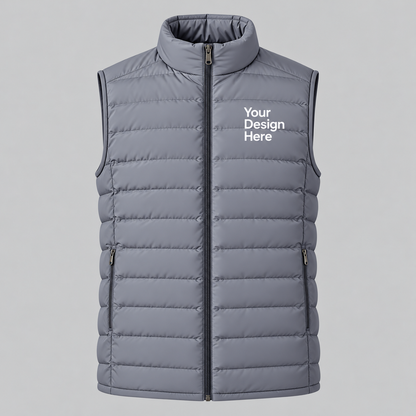Grey custom men's lightweight puffer vest with embroidered logo on front chest