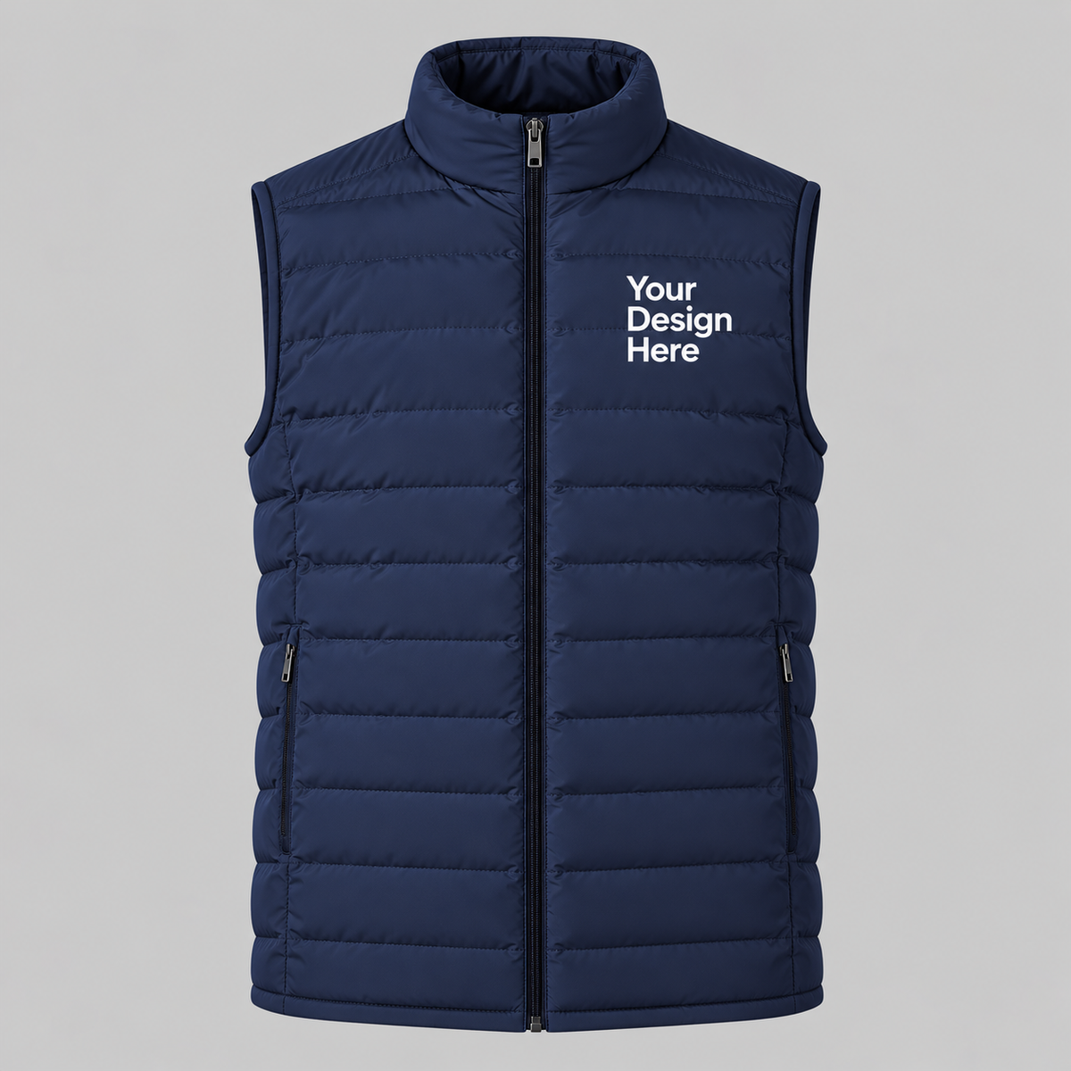 Navy blue custom men's lightweight puffer vest with embroidered logo on front chest