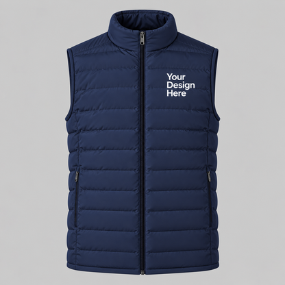 Navy blue custom men's lightweight puffer vest with embroidered logo on front chest