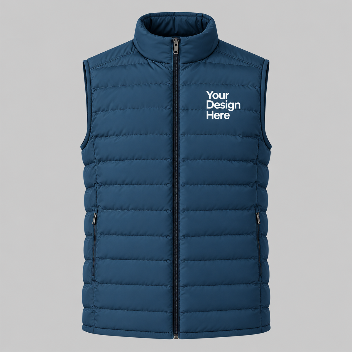 Nile blue custom men's lightweight puffer vest with embroidered logo on front chest