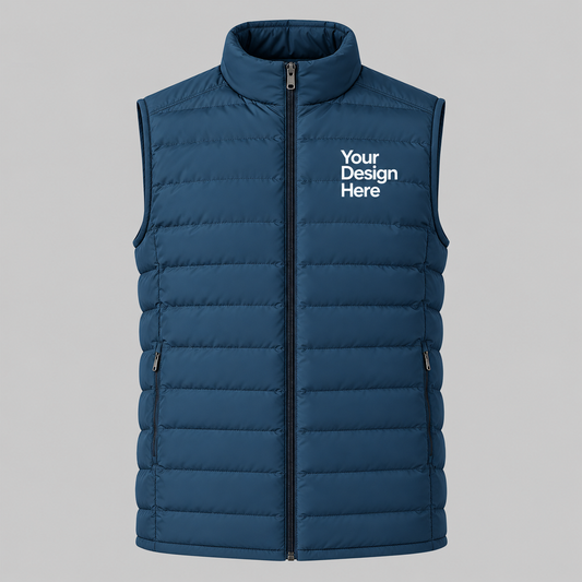 Nile blue custom men's lightweight puffer vest with embroidered logo on front chest