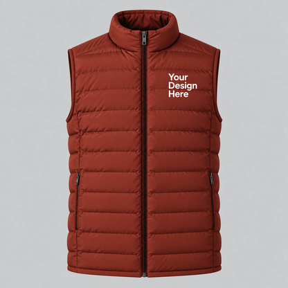 Orange custom men's lightweight puffer vest with embroidered logo on front chest