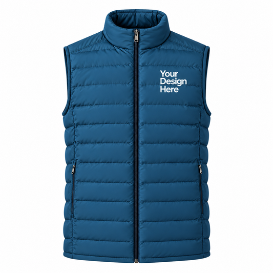 Turquois custom men's lightweight puffer vest with embroidered logo on front chest