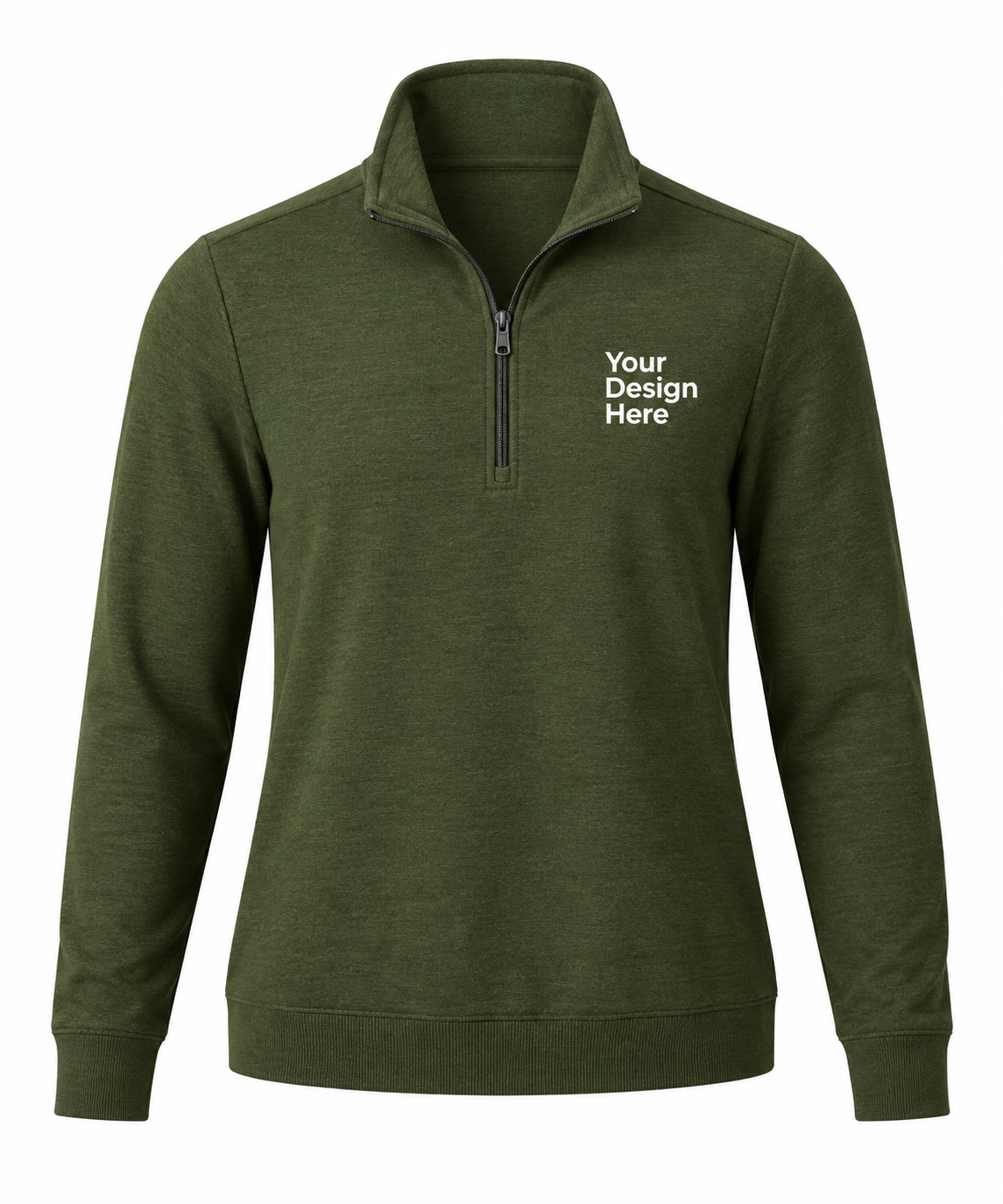 Deep moss heather custom men’s quarter-zip with logo embroidery