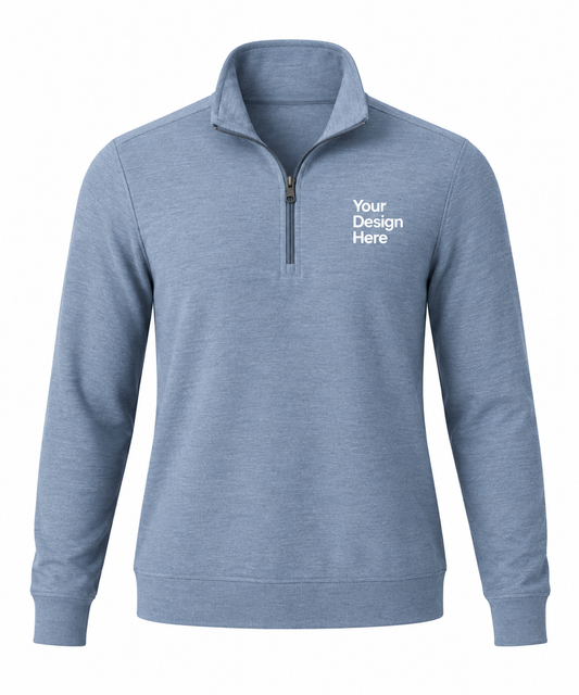 Light blue heather custom men’s quarter-zip with logo embroidery