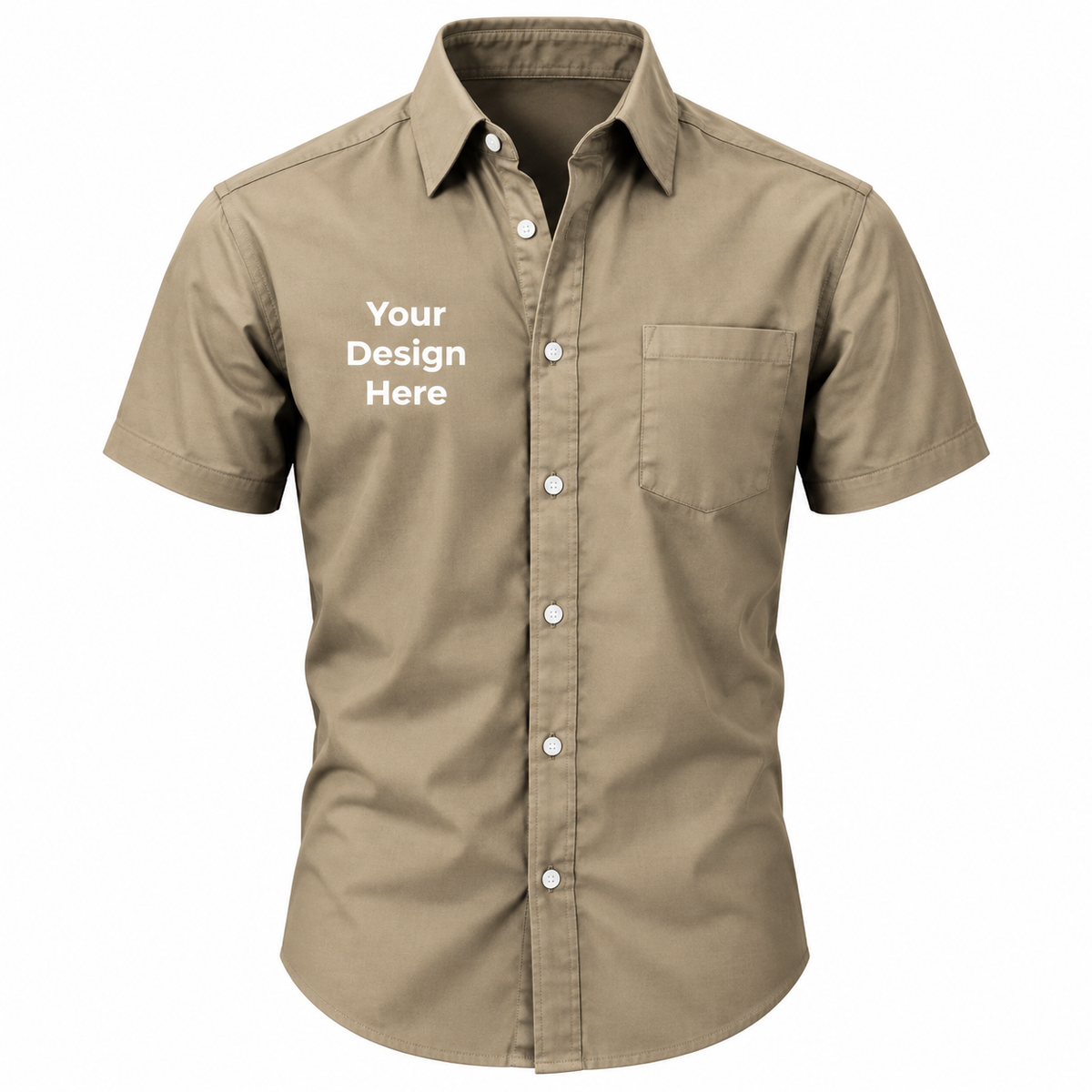 Beige custom men's short sleeve button-down shirt with logo on left chest
