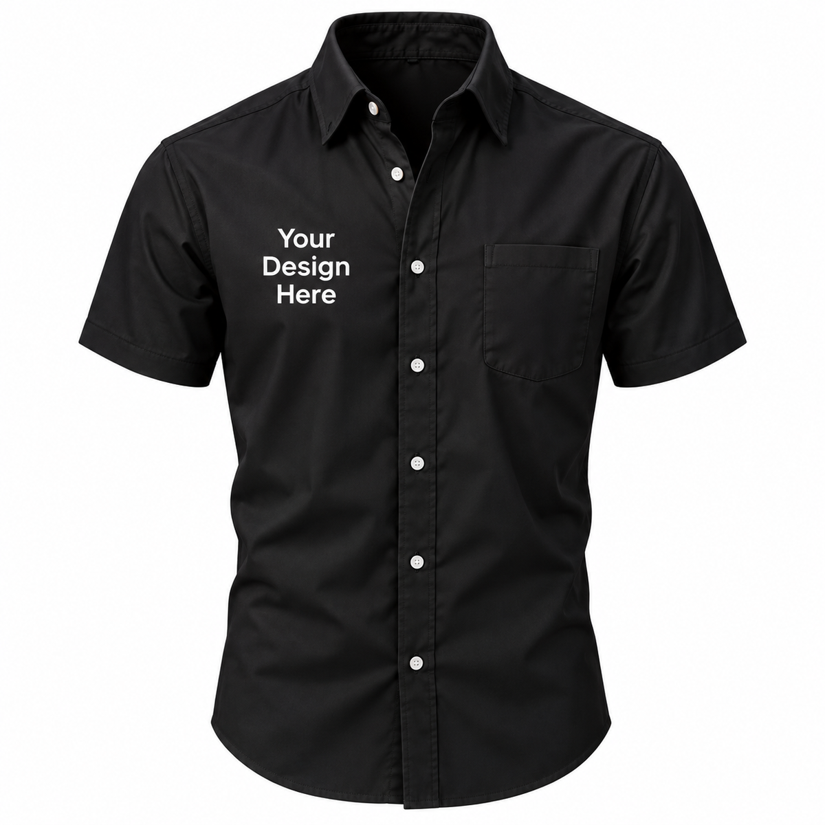 Black custom men's short sleeve button-down shirt with logo on left chest