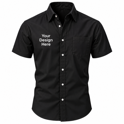 Black custom men's short sleeve button-down shirt with logo on left chest