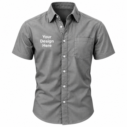 Gray custom men's short sleeve button-down shirt with logo on left chest