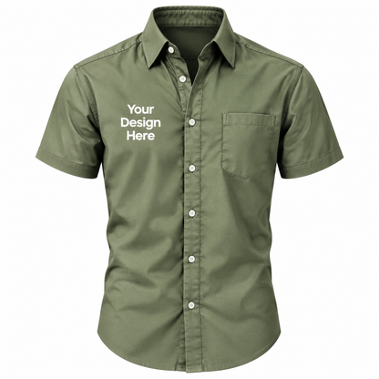 Green custom men's short sleeve button-down shirt with logo on left chest