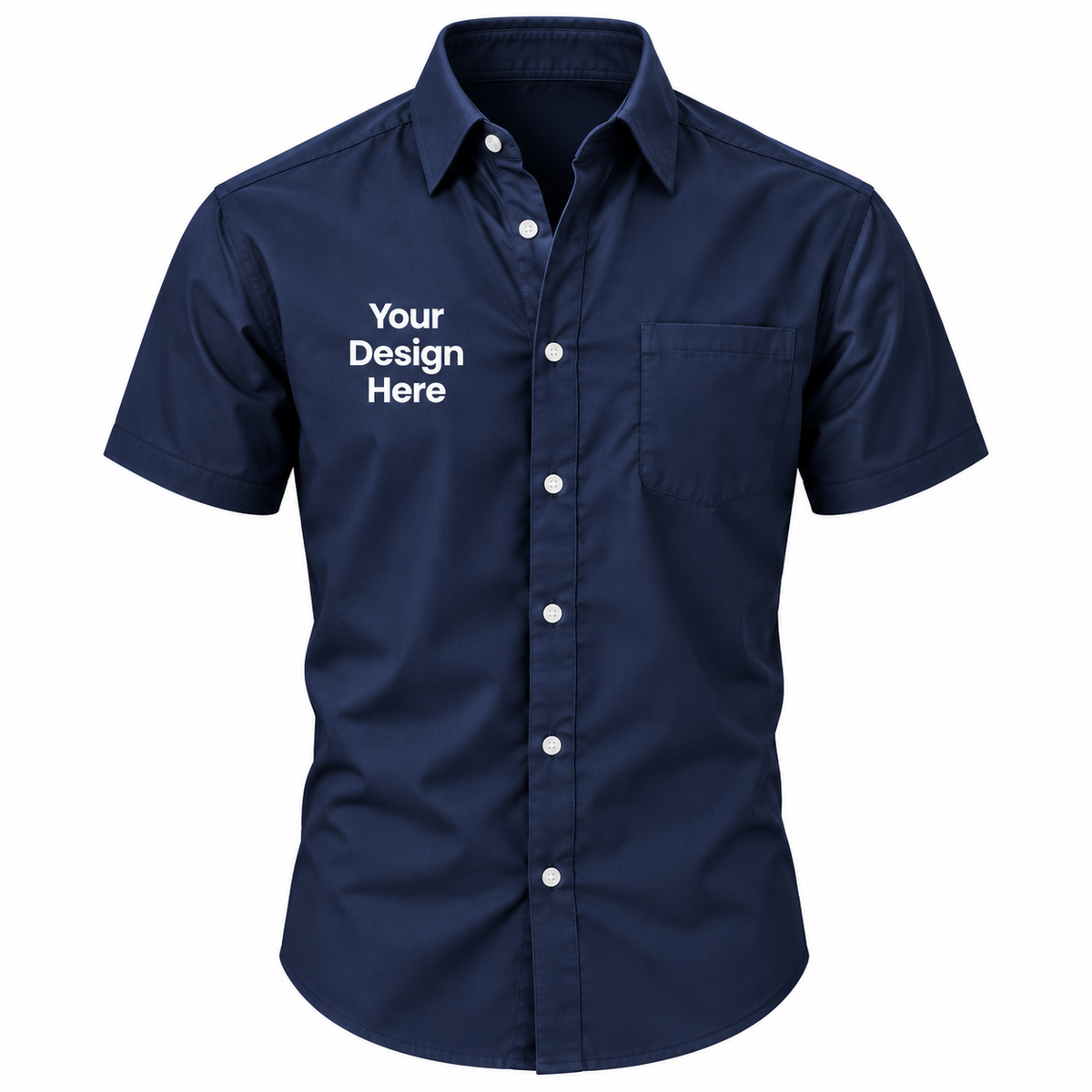 Navy custom men's short sleeve button-down shirt with logo on left chest