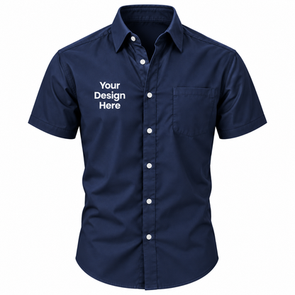 Navy custom men's short sleeve button-down shirt with logo on left chest