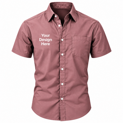 Pink custom men's short sleeve button-down shirt with logo on left chest