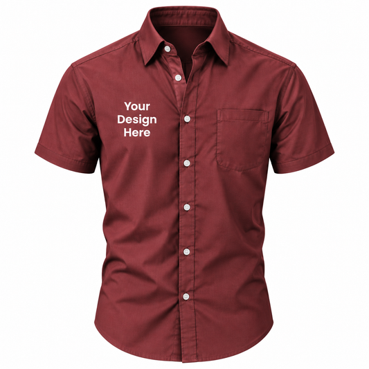 Red custom men's short sleeve button-down shirt with logo on left chest