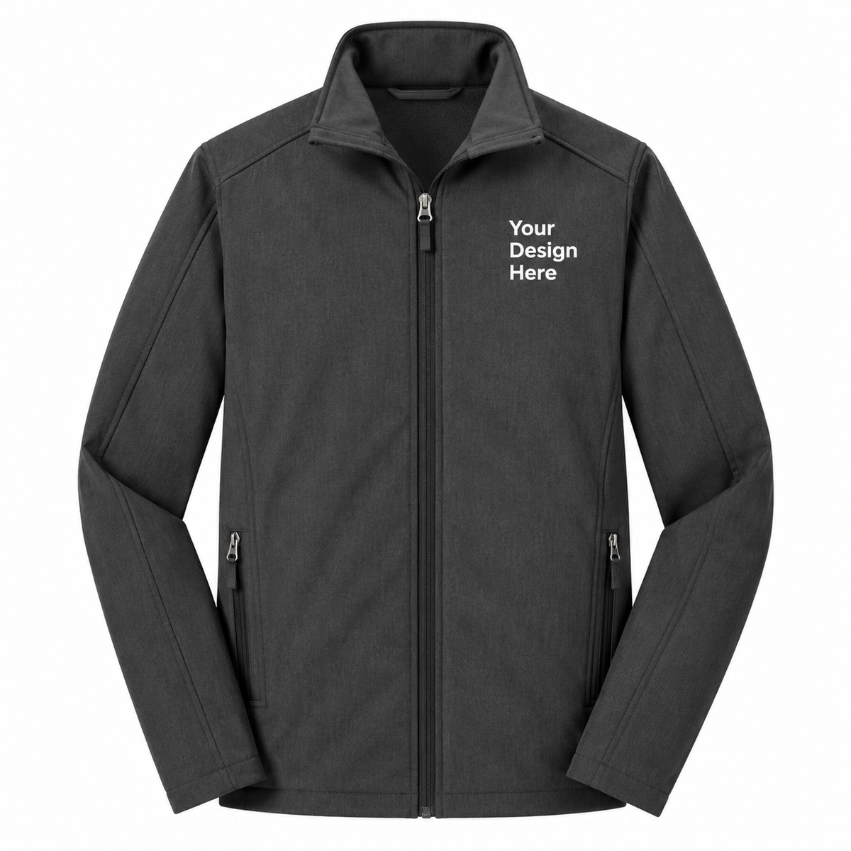 A dark gray zip-up jacket with a stand collar, featuring the text 'Your Design Here' printed in white on the left chest, displayed on a solid white background.

