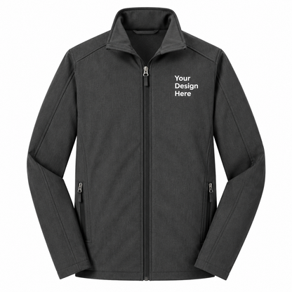 A dark gray zip-up jacket with a stand collar, featuring the text 'Your Design Here' printed in white on the left chest, displayed on a solid white background.

