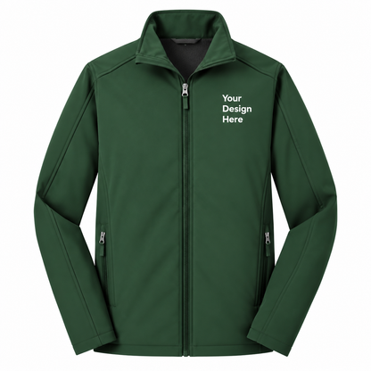 A dark green full-zip jacket with a stand-up collar, featuring 'Your Design Here' printed in white on the left chest, displayed on a solid white background.

