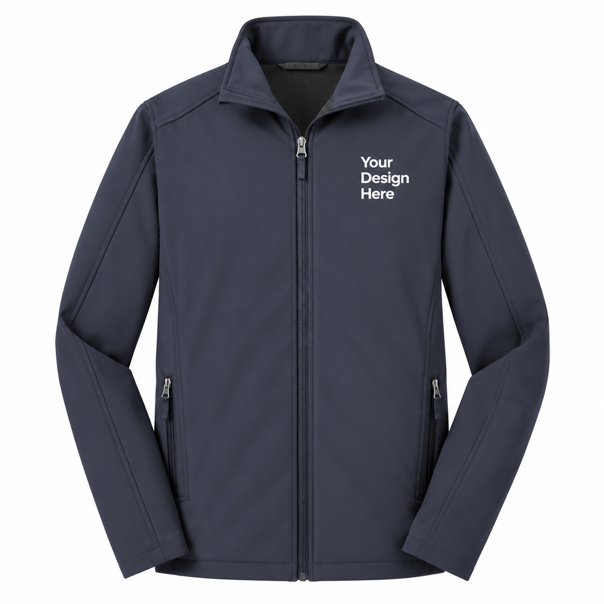 A dark navy blue zip-up jacket with a mock neck collar, featuring white placeholder text on the left chest that reads 'Your Design Here' and two zippered pockets on the sides.

