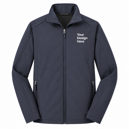A dark navy blue zip-up jacket with a mock neck collar, featuring white placeholder text on the left chest that reads 'Your Design Here' and two zippered pockets on the sides.

