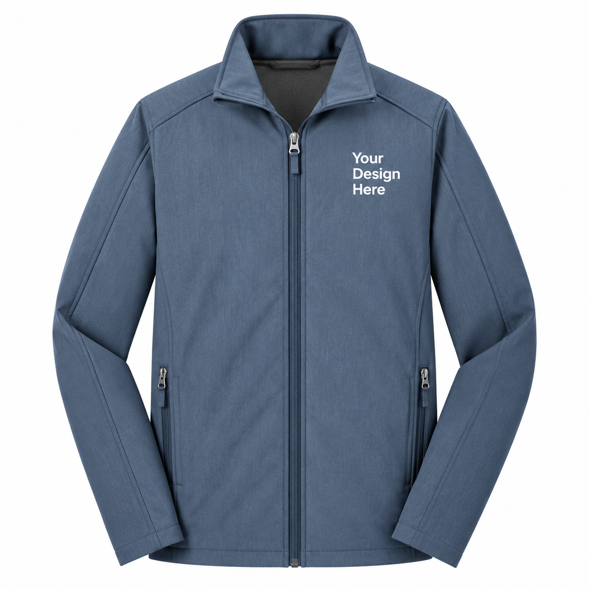 A slate blue full-zip jacket with a mock neck collar, featuring two zippered hand pockets and white placeholder text on the left chest that reads 'Your Design Here'.

