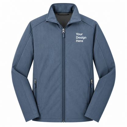 A slate blue full-zip jacket with a mock neck collar, featuring two zippered hand pockets and white placeholder text on the left chest that reads 'Your Design Here'.

