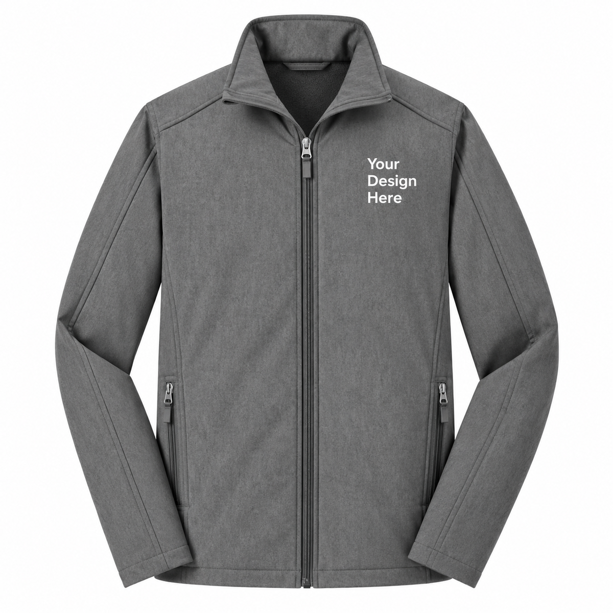 A dark gray zip-up jacket with a mock neck collar, featuring the text 'Your Design Here' printed in white on the left chest. The jacket has zippered hand pockets and is displayed on a solid white background.

