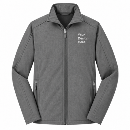 A dark gray zip-up jacket with a mock neck collar, featuring the text 'Your Design Here' printed in white on the left chest. The jacket has zippered hand pockets and is displayed on a solid white background.

