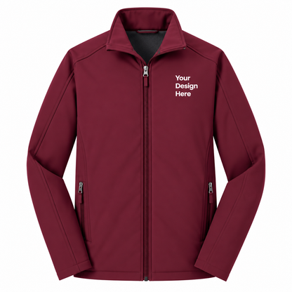 A maroon zip-up jacket with a stand collar, featuring 'Your Design Here' printed in white on the left chest, displayed on a clean white background.

