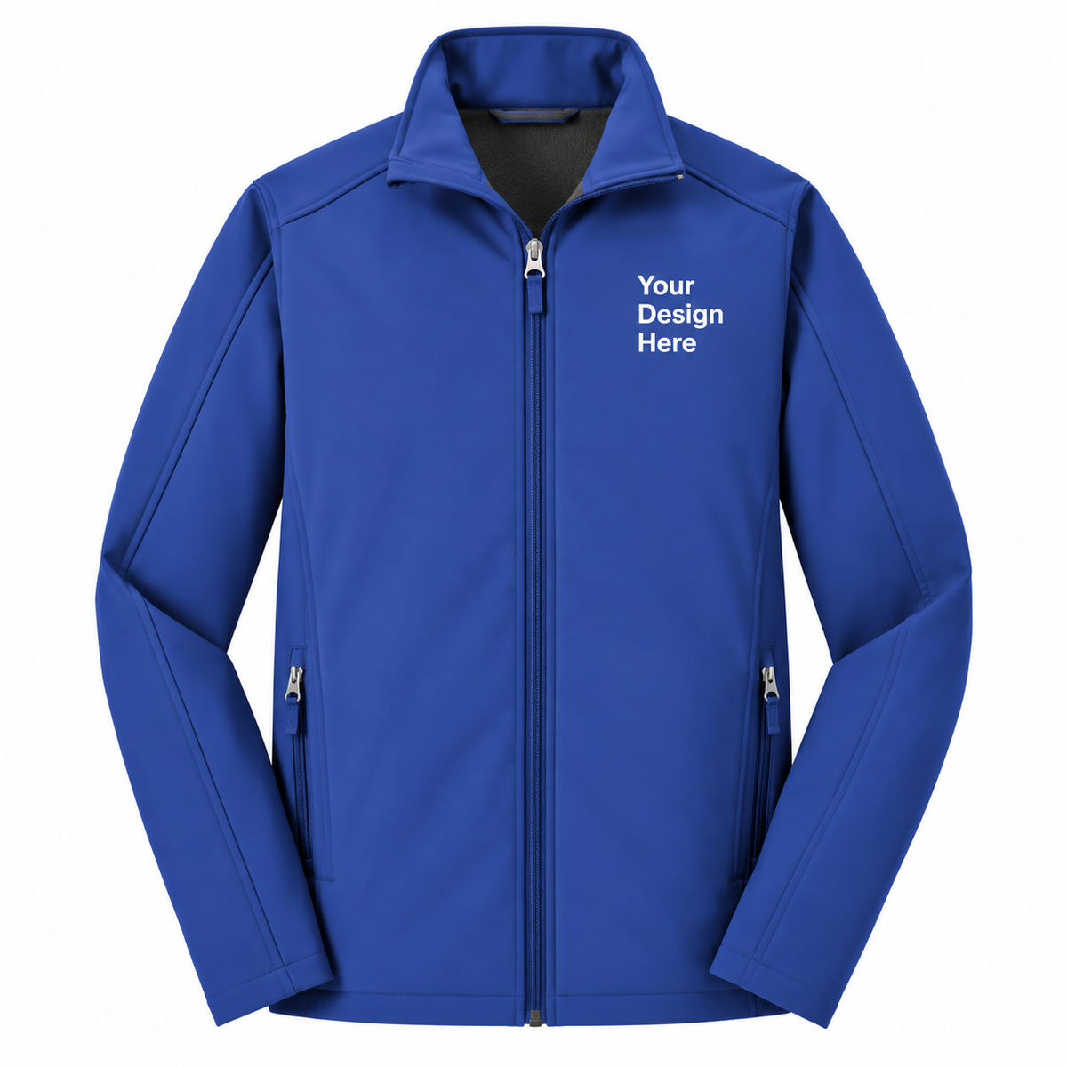 A royal blue full-zip jacket with a stand-up collar, zippered hand pockets, and white placeholder text on the left chest reading 'Your Design Here', shown on a plain white background.

