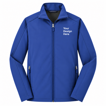 A royal blue full-zip jacket with a stand-up collar, zippered hand pockets, and white placeholder text on the left chest reading 'Your Design Here', shown on a plain white background.

