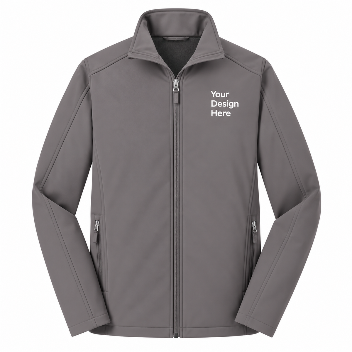 A gray full-zip jacket with a stand collar, shown on a plain white background. The right chest area features placeholder white text reading 'Your Design Here' indicating a customizable print area.

