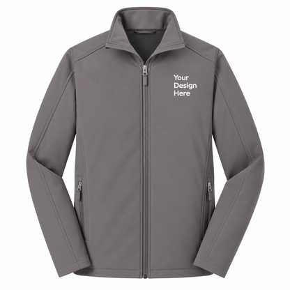A gray full-zip jacket with a stand collar, shown on a plain white background. The right chest area features placeholder white text reading 'Your Design Here' indicating a customizable print area.

