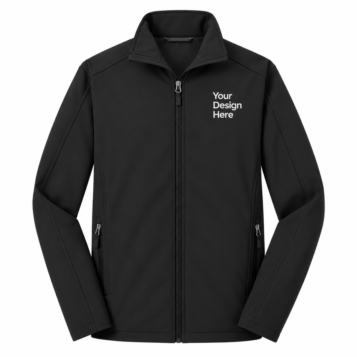 A black zip-up jacket with a mock neck collar, featuring the white text 'Your Design Here' printed on the left chest, displayed on a solid white background.


