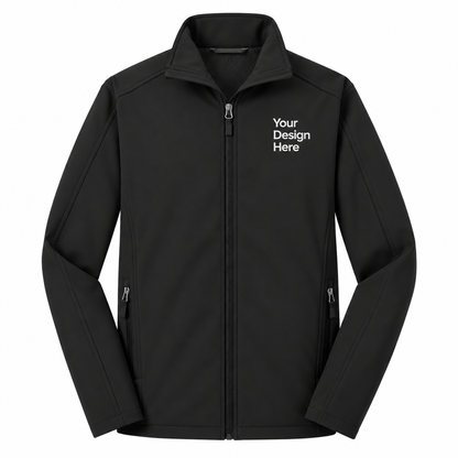 A black zip-up jacket with a mock neck collar, featuring the white text 'Your Design Here' printed on the left chest, displayed on a solid white background.


