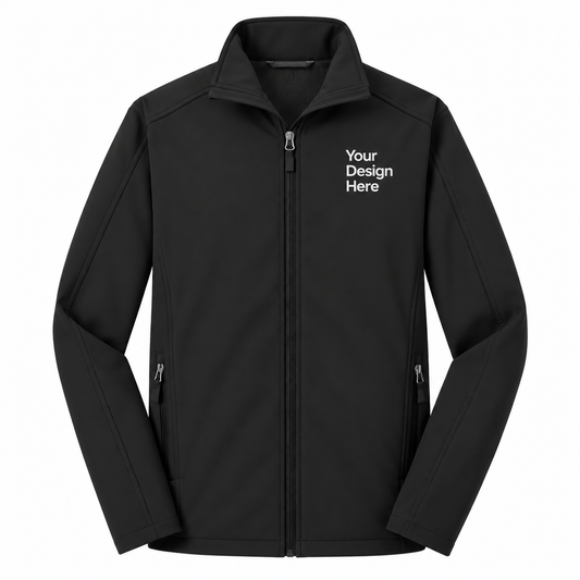 A black zip-up jacket with a mock neck collar, featuring the white text 'Your Design Here' printed on the left chest, displayed on a solid white background.

