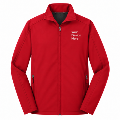 A red full-zip jacket with a mock neck collar, featuring a white placeholder text print on the left chest reading 'Your Design Here' and zippered side pockets, shown on a plain white background.

