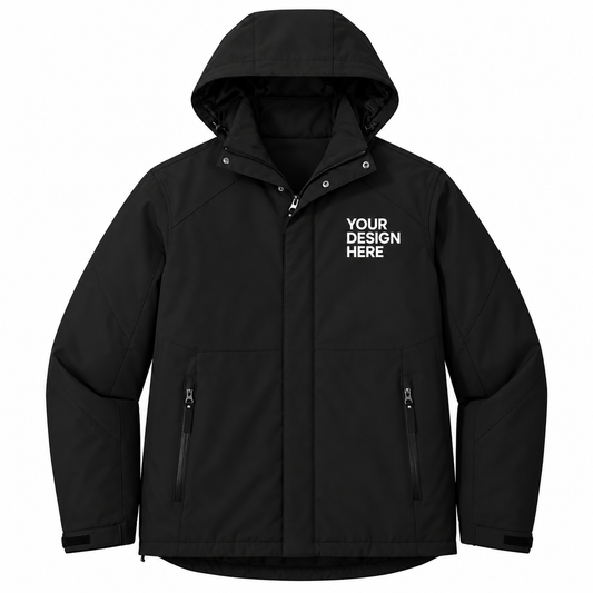 A black hooded jacket with a front zipper, two vertical zip pockets, and white placeholder text on the left chest reading 'YOUR DESIGN HERE', shown on a plain white background.


