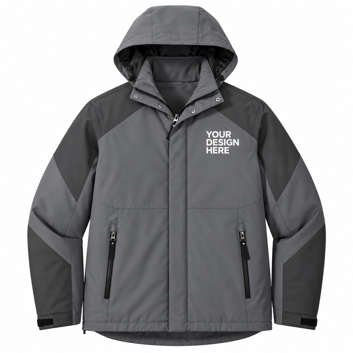 A gray hooded jacket with dark gray panels on the sleeves and shoulders, featuring a front zipper, zippered hand pockets, and white placeholder text on the left chest reading 'YOUR DESIGN HERE'.

