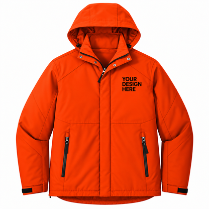 Bright orange hooded jacket with black zipper details and black placeholder text reading 'YOUR DESIGN HERE' on the left chest, shown on a plain white background.


