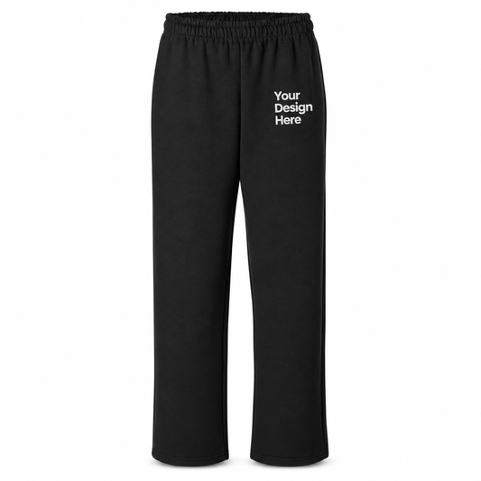 Custom unisex open-bottom fleece sweatpants in Black with left thigh decoration