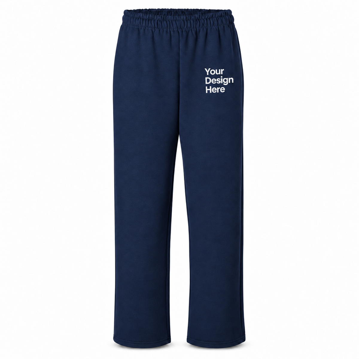 Custom unisex open-bottom fleece sweatpants in Navy with left thigh decoration