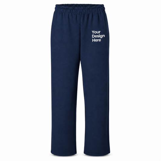 Custom unisex open-bottom fleece sweatpants in Navy with left thigh decoration